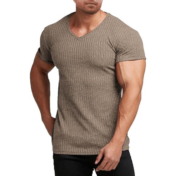 Men's Large Beige Muscle T Shirts Stretch Short Sleeve V Neck Ribbed Slim Fit - Picture 2 of 7